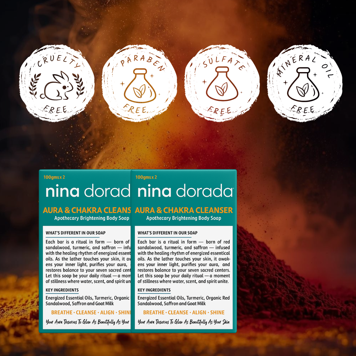 Nina Dorada Aura & Chakra Cleanser | Red Sandalwood, Turmeric & Saffron Extract with Goat Milk | Energized Essential Oils | Natural Brightening Soap Bar | Pack of 2